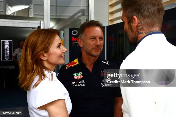 David Beckham talks with Red Bull Racing Team Principal Christian Horner and Geri Horner in the Paddock prior to the F1 Grand Prix of Miami at the...