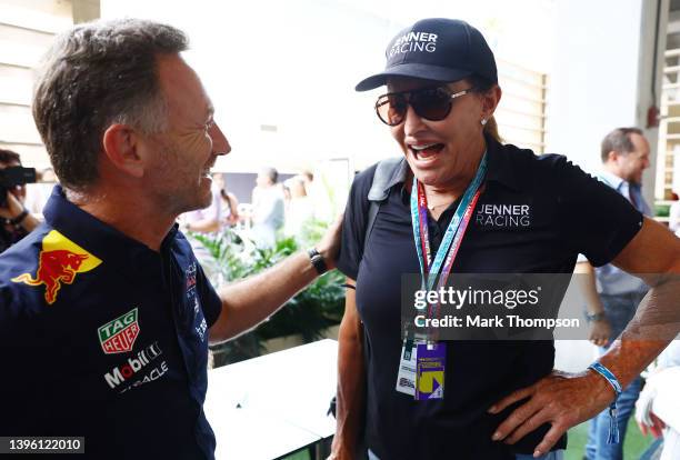 Red Bull Racing Team Principal Christian Horner talks with Caitlyn Jenner in the Paddock prior to the F1 Grand Prix of Miami at the Miami...