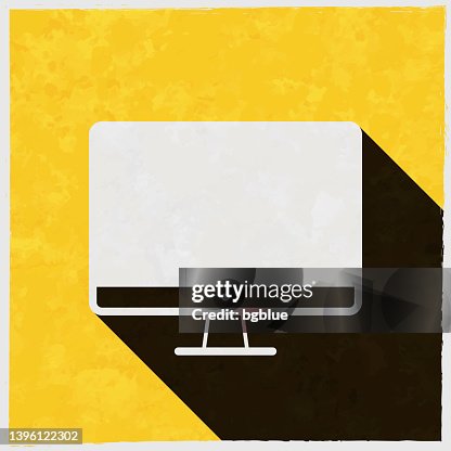 Desktop computer. Icon with long shadow on textured yellow background Desktop computer. Icon with long shadow on textured yellow background