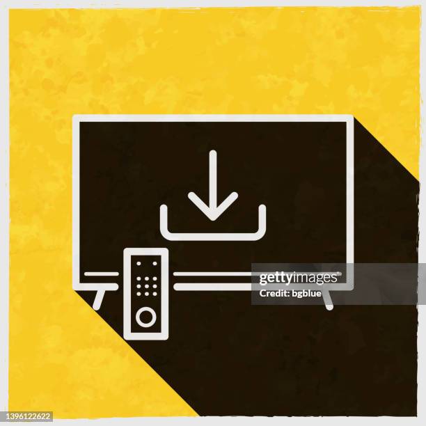download on tv. icon with long shadow on textured yellow background - tv screen texture stock illustrations