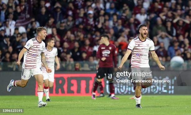 Giorgio Altare of Cagliari Calcio celebrates scoring their side's first goal during the Serie A match between US Salernitana and Cagliari Calcio at...