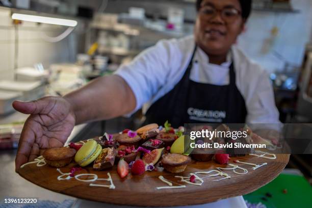 Chef prepares a dessert platter at the acclaimed Creation Wines tasting room restaurant, renowned for its wine and food pairing, on February 26, 2022...