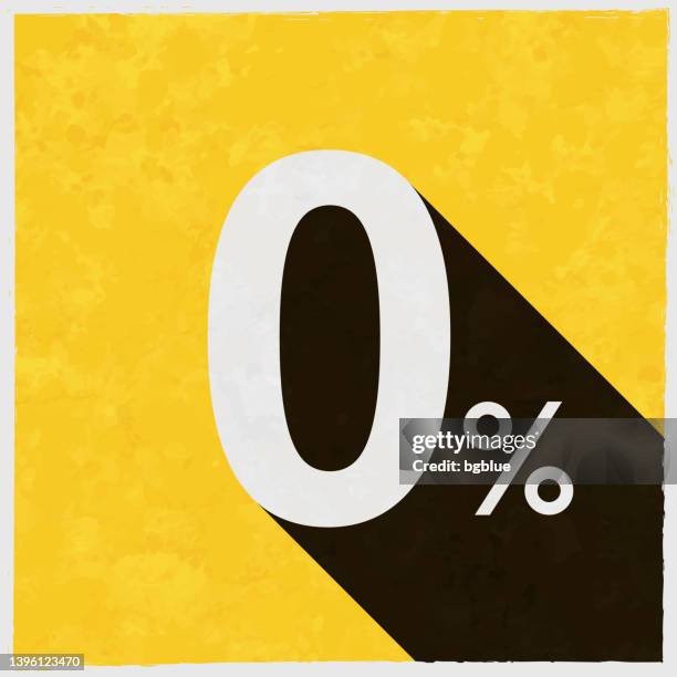 ilustraciones, imágenes clip art, dibujos animados e iconos de stock de 0% - cero por ciento. icono con sombra larga sobre fondo amarillo texturizado - cero