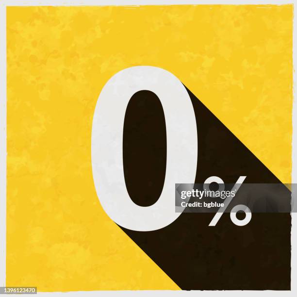 0% - zero percent. icon with long shadow on textured yellow background - noughts stock illustrations