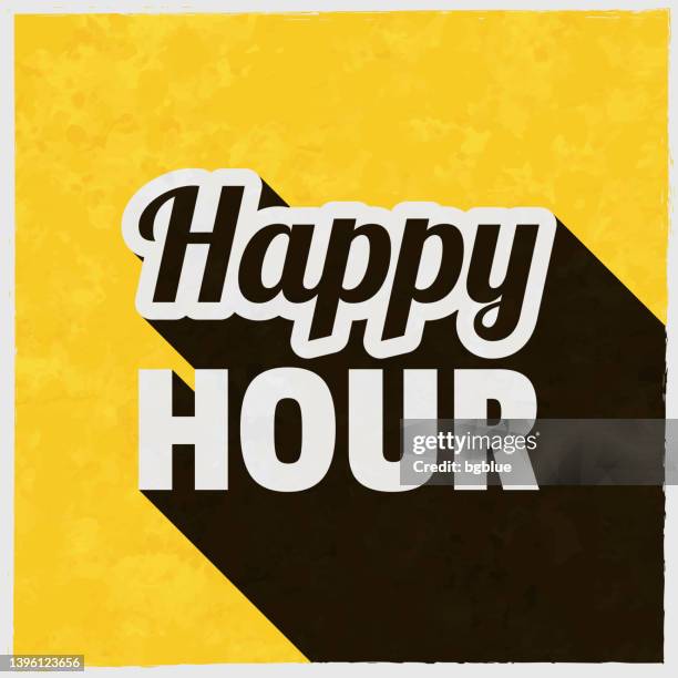 stockillustraties, clipart, cartoons en iconen met happy hour. icon with long shadow on textured yellow background - happy hour