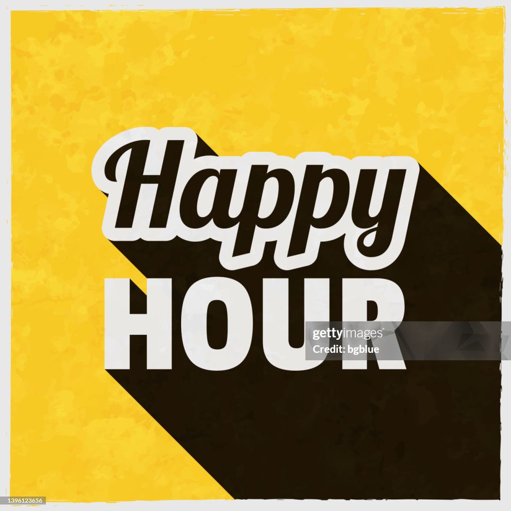 Happy Hour. Icon with long shadow on textured yellow background