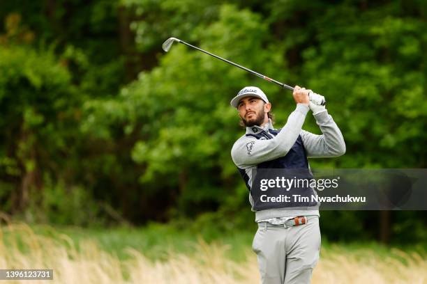 Max Homa of the United States plays his shot from the third tee during the final round of the Wells Fargo Championship at TPC Potomac at Avenel Farm...