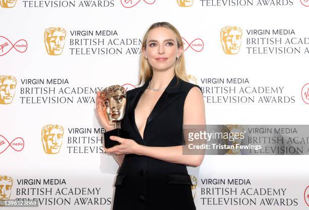 Jodie Comer, winner of the Leading Actress Award in the press room at the Virgin Media British Academy Television Awards at The Royal Festival Hall...