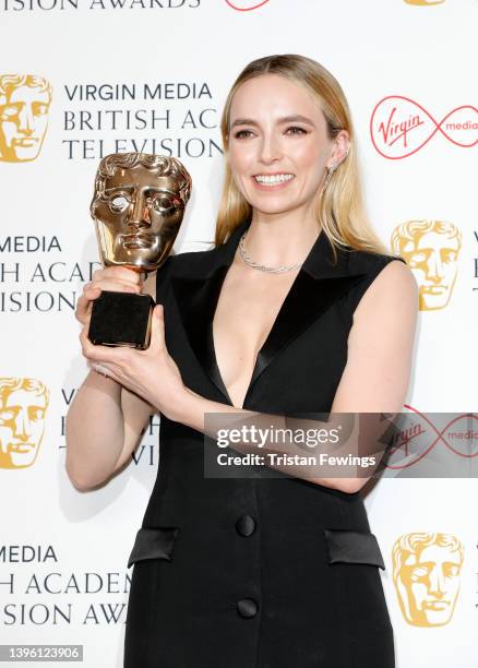 Jodie Comer, winner of the Leading Actress Award in the press room at the Virgin Media British Academy Television Awards at The Royal Festival Hall...