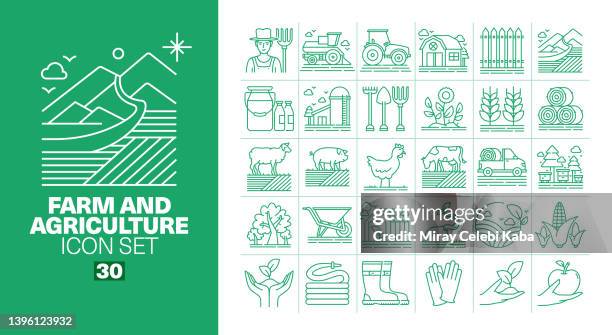 illustrations, cliparts, dessins animés et icônes de ferme et agriculture ligne icons set - champs et lait