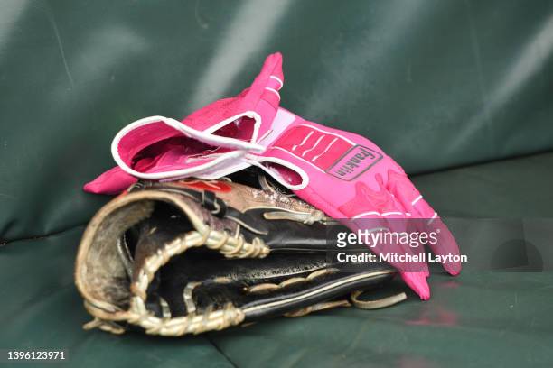Kansas City Royals pink batting gloves for Mothers Day in the dug out before game one of a doubleheader baseball game against the Baltimore Orioles...