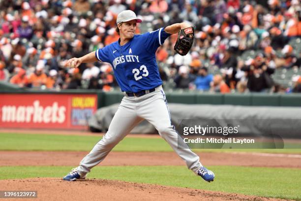 Zack Greinke of the Kansas City Royals pitches in the first inning during game one of a doubleheader baseball game against the Baltimore Orioles at...