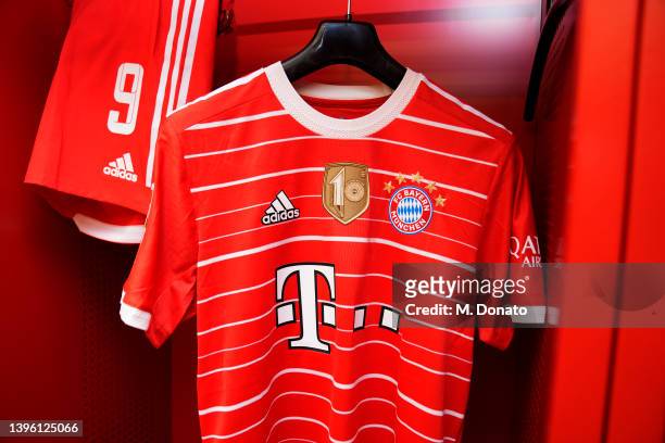 The new home jersey of FC Bayern Muenchen is seen in the empty locker room prior to the Bundesliga match between FC Bayern München and VfB Stuttgart...