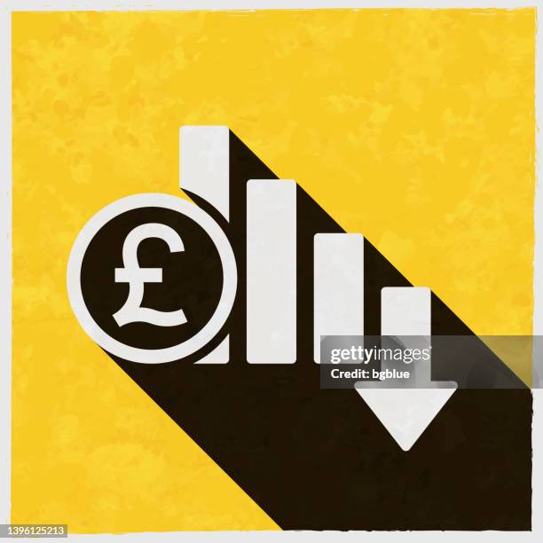 pound rate decrease. icon with long shadow on textured yellow background - copper texture background stock illustrations
