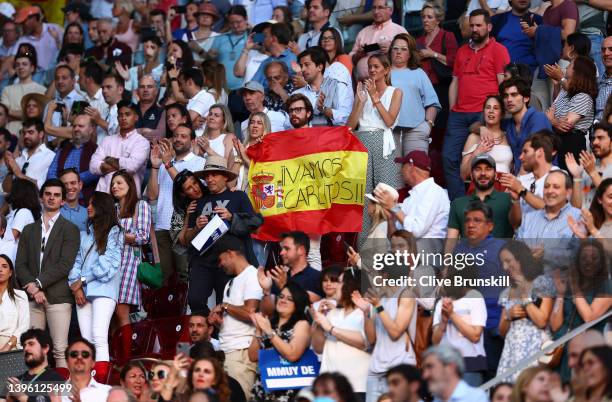 General view of a fan with a Spanish flag in support of Carlos Alcaraz Garfia of Spain at La Caja Magica on May 08, 2022 in Madrid, Spain.