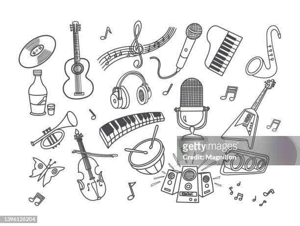 musical instruments doodle set - harmonica stock illustrations
