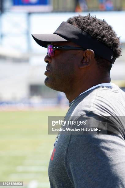 Head coach Kevin Sumlin of Houston Gamblers looks on during warm ups before the game against the New Orleans Breakers on May 08, 2022 in Birmingham,...