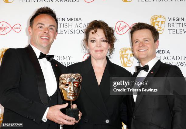 Olivia Colman poses in the winner's room with Anthony McPartlin and Declan Donnelly, winners of the Entertainment Programme award for Ant & Dec's...