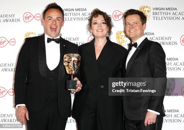 Olivia Colman poses in the winner's room with Anthony McPartlin and Declan Donnelly, winners of the Entertainment Programme award for Ant & Dec's...