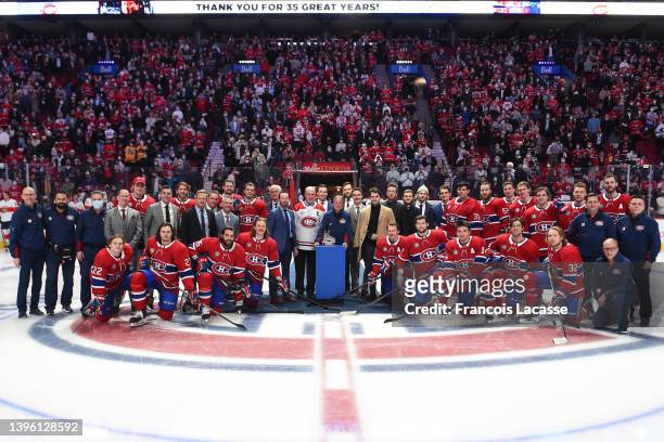 Montreal Canadiens head equipment manager, Pierre Gervais, who is working his final NHL game tonight is honored in a pre-game ceremony, prior to the...