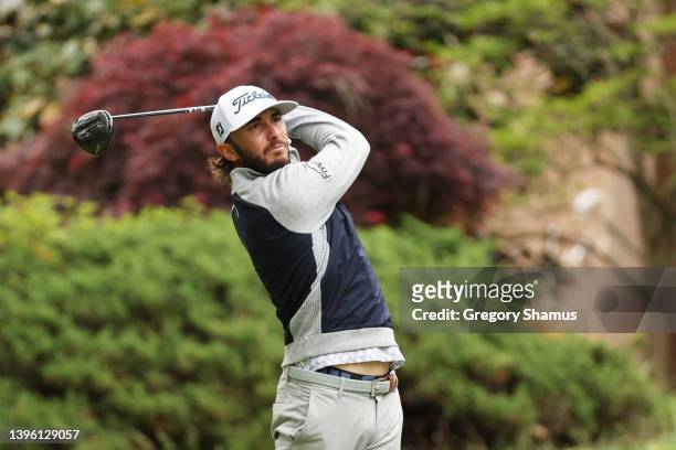 Max Homa of the United States plays his shot from the seventh tee during the final round of the Wells Fargo Championship at TPC Potomac at Avenel...