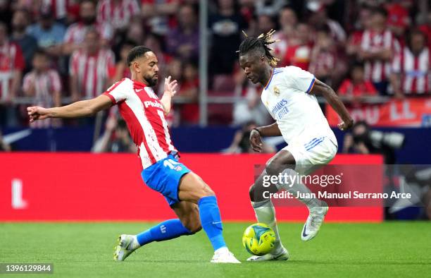 Matheus Cunha of Atletico Madrid challenges Dani Ceballos of Real Madrid during the La Liga Santander match between Club Atletico de Madrid and Real...