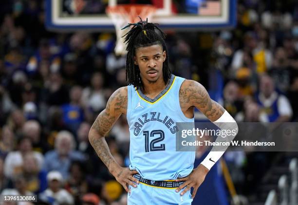Ja Morant of the Memphis Grizzlies looks on against the Golden State Warriors in the second half of Game Three of the Western Conference Semifinals...