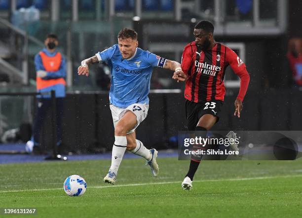 Ciro Immobile of SS Lazio controls the ball against Fikayo Tomori of AC Milan during the Serie A match between SS Lazio and AC Milan at Stadio...