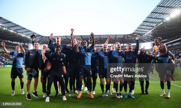 Players of Wycombe Wanderers celebrate progressing to the Sky Bet League One Play-Off Final after victory in the Sky Bet League One Play-Off Semi...