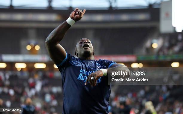 Adebayo Akinfenwa of Wycombe Wanderers celebrates progressing to the Sky Bet League One Play-Off Final after victory in the Sky Bet League One...