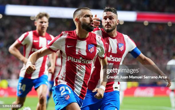Yannick Ferreira Carrasco of Atletico Madrid celebrates scoring their side's first goal from a penalty during the La Liga Santander match between...