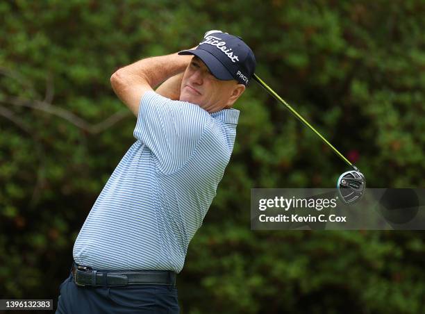 Steve Flesch tees off the ninth hole during the final round of the Mitsubishi Electric Classic at TPC Sugarloaf Golf Course on May 08, 2022 in...