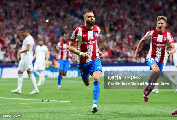 Yannick Carrasco of Club Atletico de Madrid celebrates after scoring goal during the La Liga Santander match between Club Atletico de Madrid and Real...