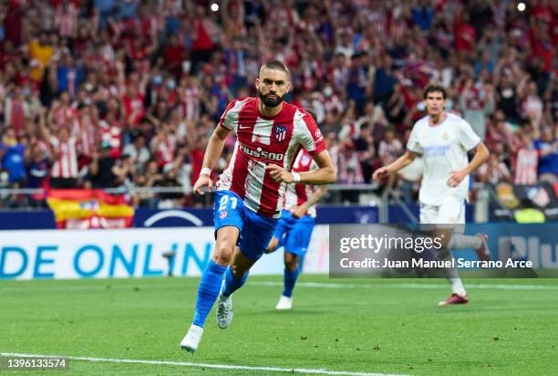 Yannick Carrasco of Club Atletico de Madrid celebrates after scoring goal during the La Liga Santander match between Club Atletico de Madrid and Real...