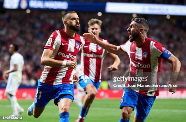 Yannick Carrasco of Club Atletico de Madrid celebrates after scoring goal during the La Liga Santander match between Club Atletico de Madrid and Real...
