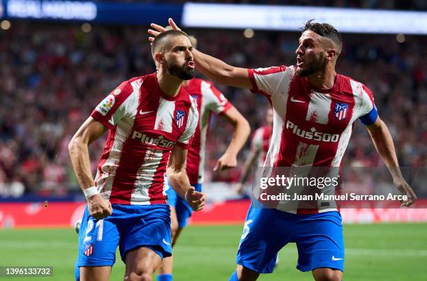 Yannick Carrasco of Club Atletico de Madrid celebrates after scoring goal during the La Liga Santander match between Club Atletico de Madrid and Real...