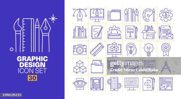 graphics design line icon set and banner design - web designer logo stock illustrations
