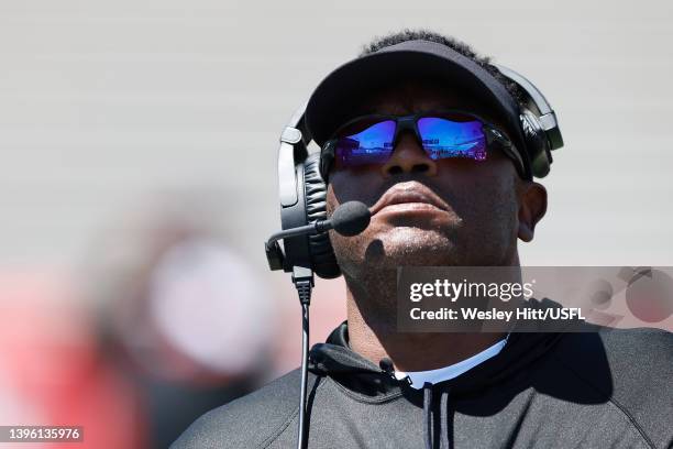 Head coach Kevin Sumlin of Houston Gamblers looks on in the first quarter of the game against the New Orleans Breakers on May 08, 2022 in Birmingham,...