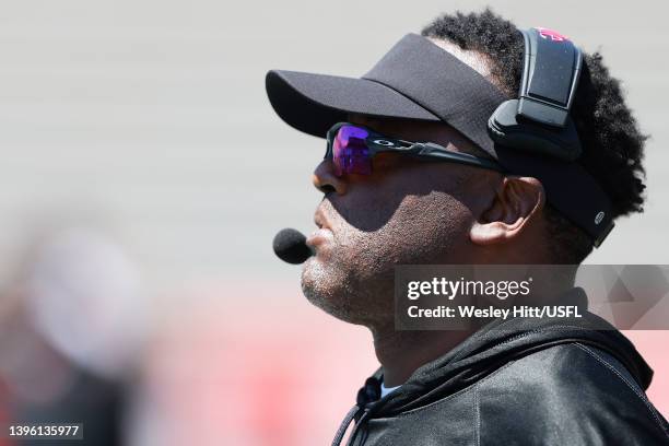 Head coach Kevin Sumlin of Houston Gamblers looks on in the first quarter of the game against the New Orleans Breakers on May 08, 2022 in Birmingham,...