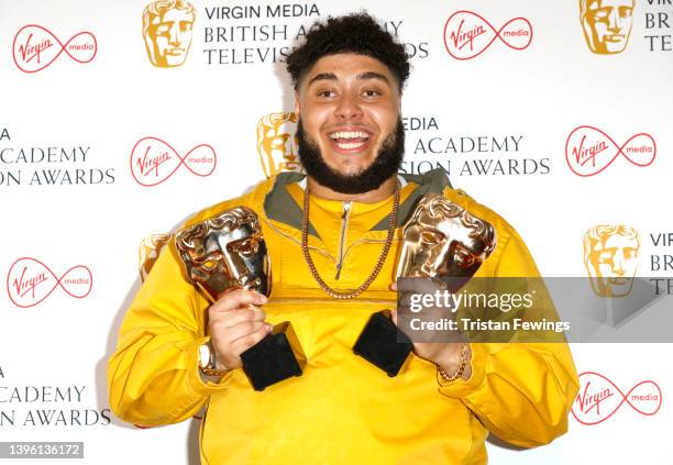 Big Zuu, winner of the Features award and the Entertainment Performance award for "Big Zuu's Big Eats", poses in the press room at the Virgin Media...