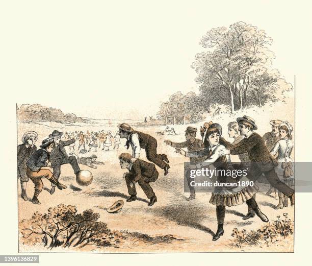 group of children playing games outdoors, football, leapfrog, boys and girls, victorian fun 19th century - football stock illustrations stock illustrations