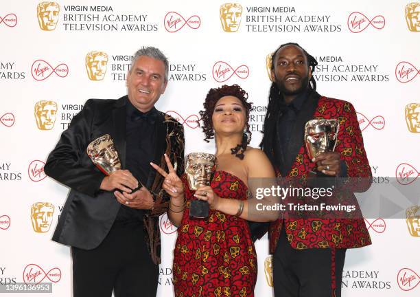Lee Riley, Mica Ven and Marcus Luther winners of the Reality and Constructed Factual award for "Gogglebox" pose in the press room at the Virgin Media...
