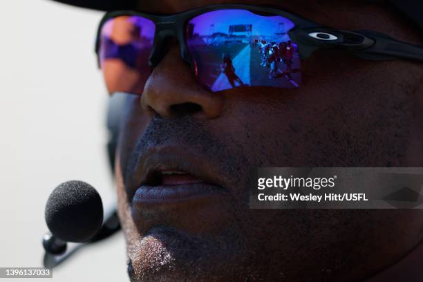 Head coach Kevin Sumlin of Houston Gamblers looks on in the first quarter of the game against the New Orleans Breakers on May 08, 2022 in Birmingham,...