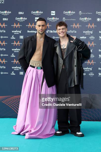Mahmood and Blanco attend the turquoise carpet of the 66th Eurovision Song Contest at Reggia di Venaria Reale on May 08, 2022 in Turin, Italy.
