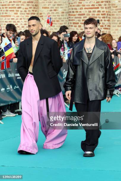 Mahmood and Blanco attend the turquoise carpet of the 66th Eurovision Song Contest at Reggia di Venaria Reale on May 08, 2022 in Turin, Italy.