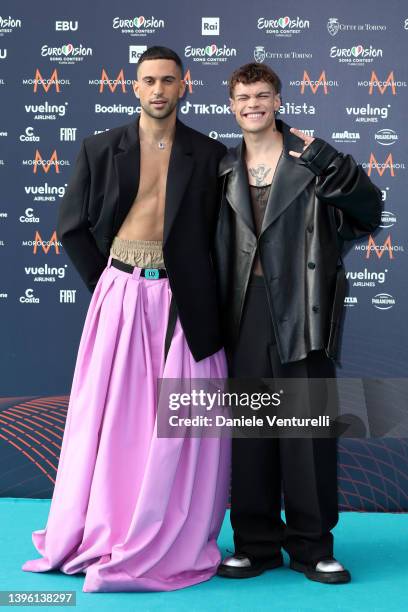 Mahmood and Blanco attend the turquoise carpet of the 66th Eurovision Song Contest at Reggia di Venaria Reale on May 08, 2022 in Turin, Italy.