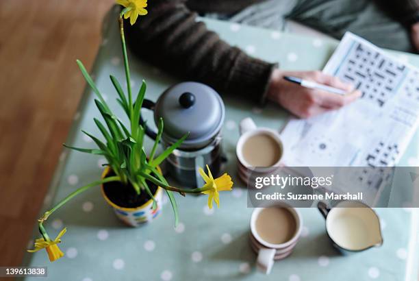 man doing crossword puzzle - kruiswoordpuzzel stockfoto's en -beelden