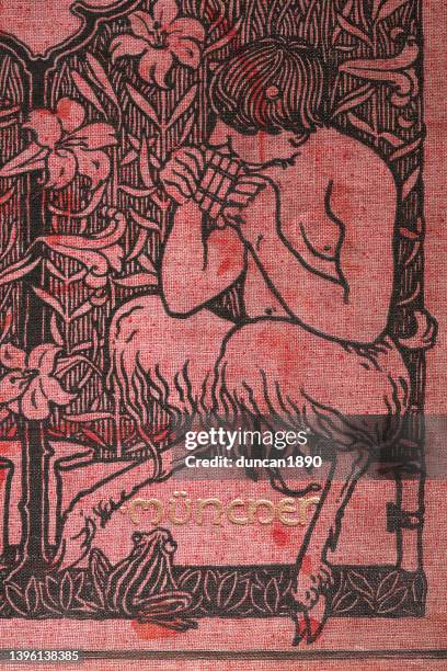 ilustraciones, imágenes clip art, dibujos animados e iconos de stock de art nouveau, fauno jugando a las pipas de sartén a una rana, mitología clásica - guaira