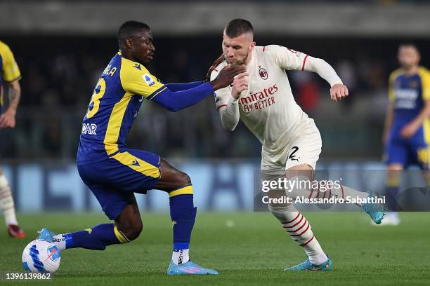 Ante Rebic of AC Milan in action during the Serie A match between Hellas Verona FC and AC Milan at Stadio Marcantonio Bentegodi on May 08, 2022 in...