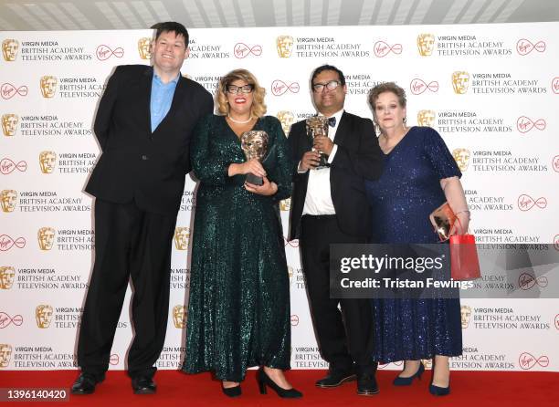 Mark Labbett, Jenny Ryan, Paul Sinha and Anne Hegerty, accepting the Daytime award for "The Chase", pose in the press room at the Virgin Media...